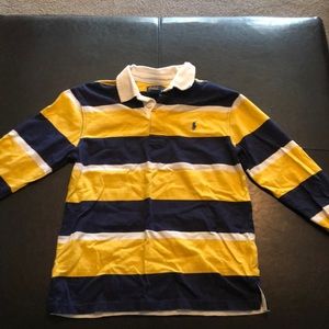 White Blue and yellow striped polo long sleeve